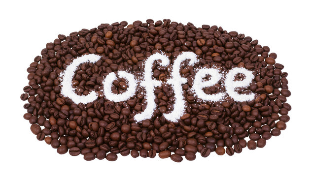 Isolated pile of roasted coffee beans with the word coffee spelled out in white powder