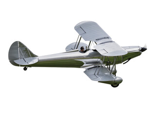 Isolated vintage biplane flying with a pilot in an open cockpit, classic aircraft in polished silver © Saoirse