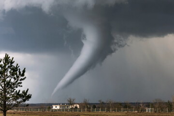 Fototapeta premium Powerful Tornado Engulfing Open Plains Under Dramatic Cloudy Skies, Evoking Awe and Respect for Nature's Fury