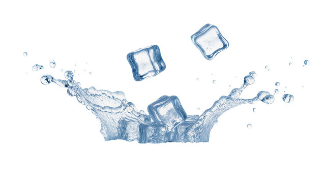 Isolated refreshing ice cubes falling into cool water creating a dynamic blue splash