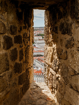 Lisbon City View Through Arrow Slit at S&atilde;o Jorge Castle