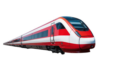 Isolated modern red and white high-speed passenger train, sleek dynamic fast transportation technology © Saoirse