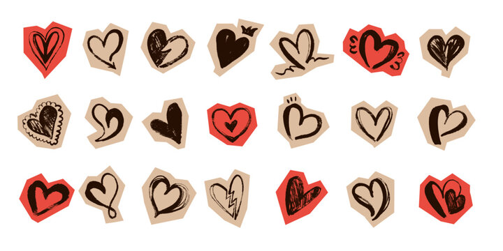 Retro Heart Stickers Vector Set With Romantic Valentine Day Elements. Creative hand painted love icons with different decorations in red and black palette. Perfect for Valentines day cards, social