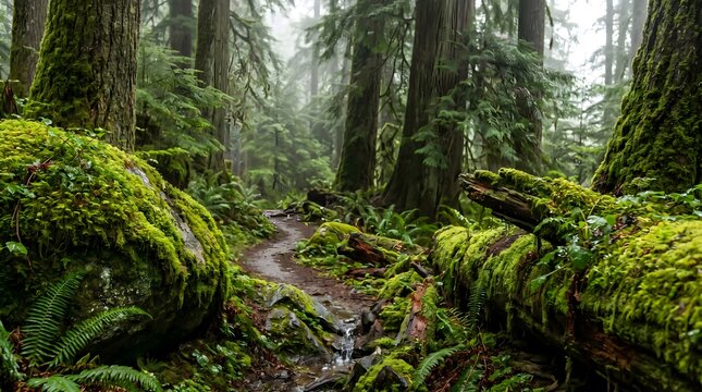 Luminous Mossy Path in an Ancient Temperate Rainforest Glistening After-Rain Landscape with Soft Diffused Light