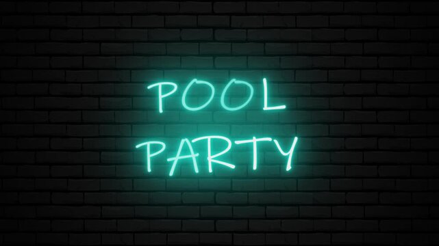 pool party animation Neon sign pool party on a dark brick wall background