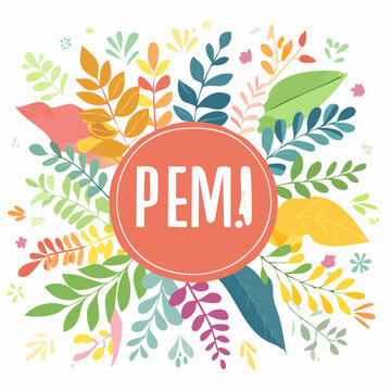 Floral design with "PEM!" text in a circle