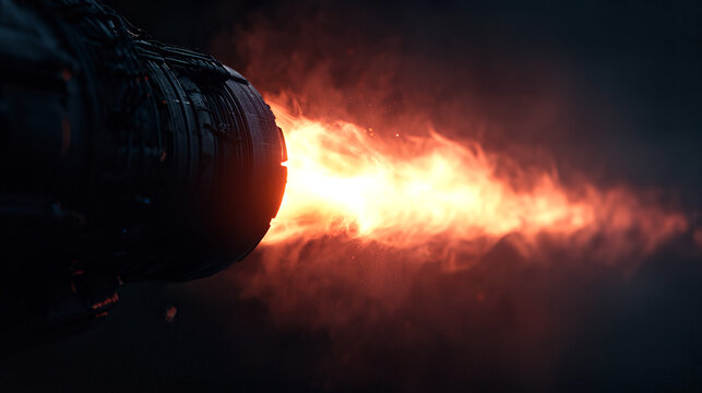 Powerful Jet Engine Exhaust, Vibrant Flame, Dark Smoky Background, Detailed Metallic Structure