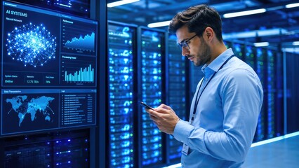 Fototapeta premium IT Engineer Monitoring Artificial Intelligence Systems in Modern Data Center
