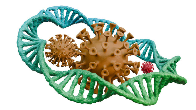 Multiple virus pathogens attacking a green double helix DNA structure on a white background. Genetic mutation science concept isolated background.
