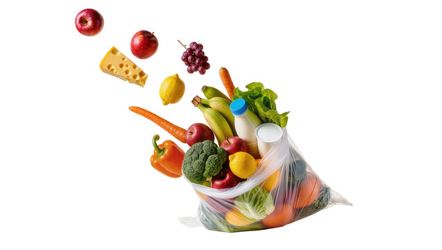 Isolated fresh healthy fruits vegetables and dairy products falling into clear plastic shopping bag.