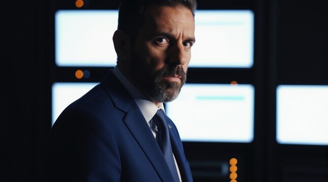 Man in suit looks seriously at camera. Multiple glowing screens behind him. Dark room atmosphere, cyber security theme. CISO concept office. Future tech strategy. Serious executive.
