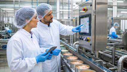 Naklejka premium Technicians Operating Automated Food Processing Equipment in Factory