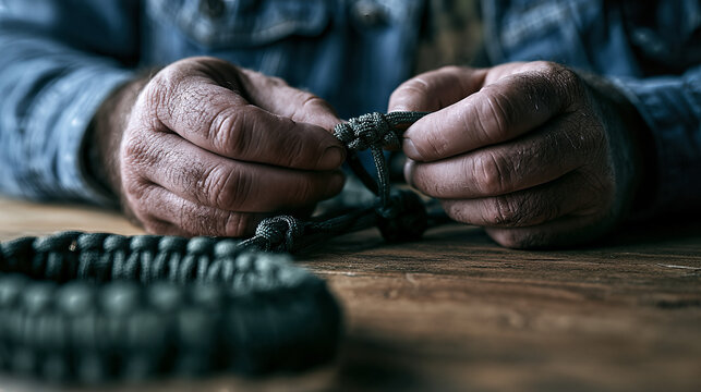 Crafting a Green Paracord Bracelet: Focus on Hands, Texture, and Knots on Wooden Table