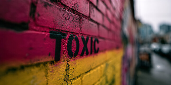 Vibrant Street Art: Toxic Word on Brick Wall, Shallow Depth of Field, Urban Background