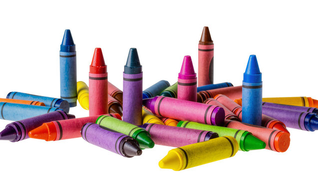 Isolated vibrant colorful crayons standing and scattered, creative art supplies for drawing and childhood