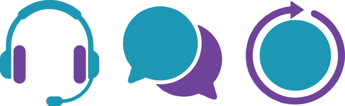 Customer service icons, support symbols, chat and call signs, vector graphics