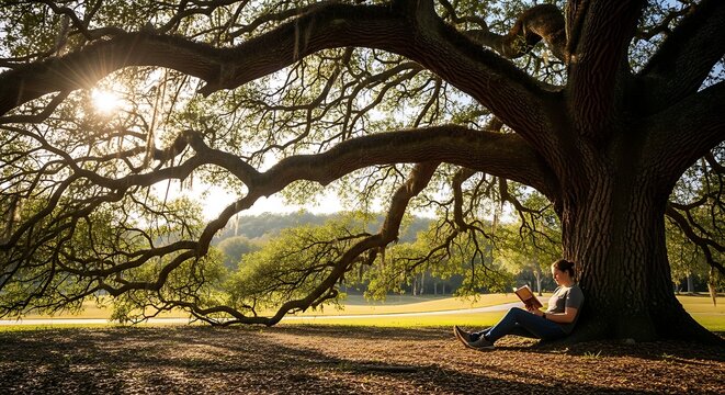 Man sitting under a large tree in a park reading a book