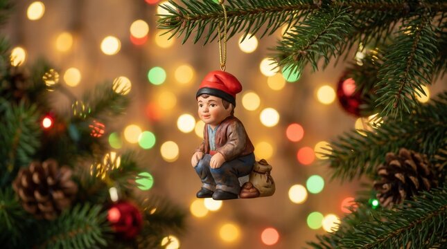 Catalan Caganer ornament on Christmas tree. Unique Spanish tradition symbolizing good fortune, fertility, and prosperity for the holidays.