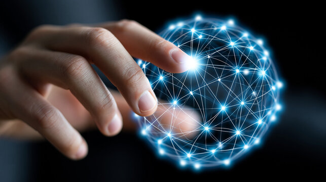Close-up of a hand touching a global network sphere connecting devices through the Internet of Things, IoT concept, global network touch photography, connected world