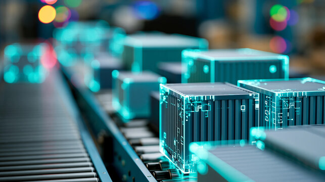 Close-up of an exploration of digital innovation in shipping showing AI tracking and automated sorting, smart logistics concept, shipping innovation photography, AI prediction