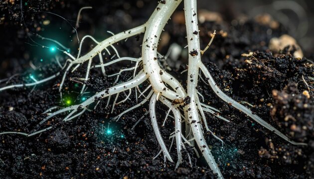 Roots sprawl through dark rich earth illuminated by faint glowing particles representing natural energy hidden beneath the soil surface