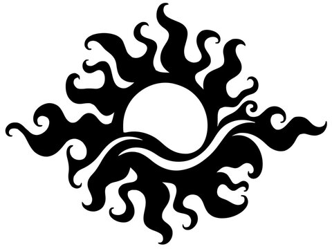 Eine stilisierte Sonne, deren Strahlen aus geschwungenen, spitzen Flammenformen im Tribal-Stil bestehen. Im Zentrum befindet sich ein perfekter, tiefschwarzer Kreis.KI Generiert