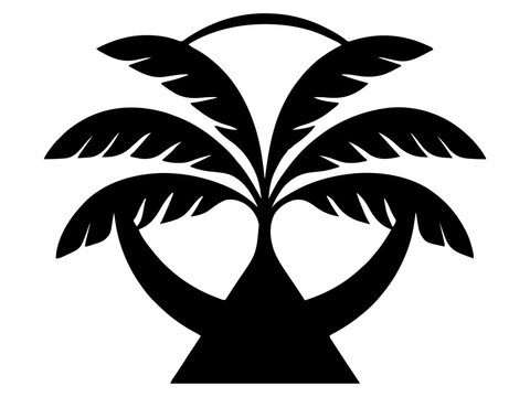 Zwei Palmen, die aus einem gemeinsamen Stamm entspringen und sich elegant nach links und rechts biegen. Das Motiv weckt sofort Assoziationen mit Urlaub, Strand und Tropen.KI Generiert
