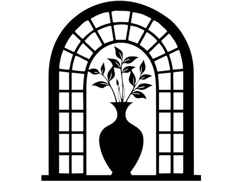 Ein minimalistisches Motiv, das eine schlanke Vase mit einer Pflanze in einem schmalen, abgerundeten Fensterbogen zeigt. Das Design wirkt sehr ruhig, asiatisch angehaucht und elegant.KI Generiert