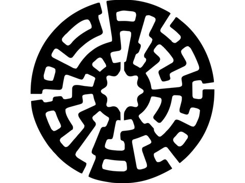 Ein kreisrundes Labyrinth, das optisch an ein Rad oder eine Zielscheibe erinnert. In der Mitte befindet sich ein kleiner, freier Kreis als Zielpunkt.KI Generiert