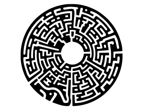 Ein kreisrundes Labyrinth, das optisch an ein Rad oder eine Zielscheibe erinnert. In der Mitte befindet sich ein kleiner, freier Kreis als Zielpunkt.KI Generiert