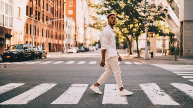 Casually dressed man in light clothing walks across a city crosswalk during warm golden hour, capturing modern urban lifestyle and confidence.