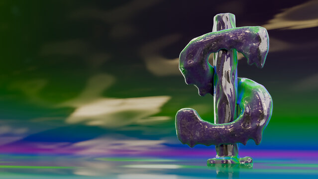 3D render of an iridescent dollar sign covered in viscous oil or sludge on a blurred abstract background