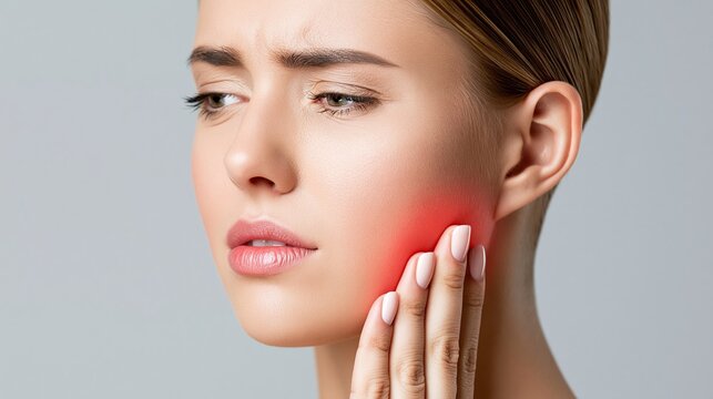 Woman Experiencing Jaw Pain From Temporomandibular Joint Disorder in Clean Studio Setting