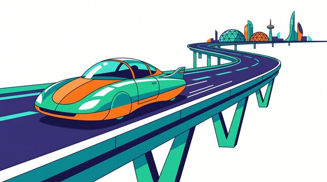 Futuristic hover car flat vector illustration driving on an elevated highway towards a dome city representing future transportation and smart city infrastructure