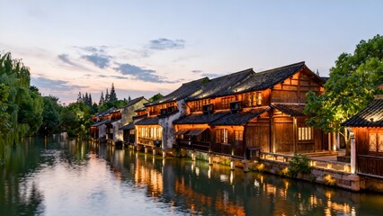 Obraz premium Traditional wooden buildings along a river at dusk