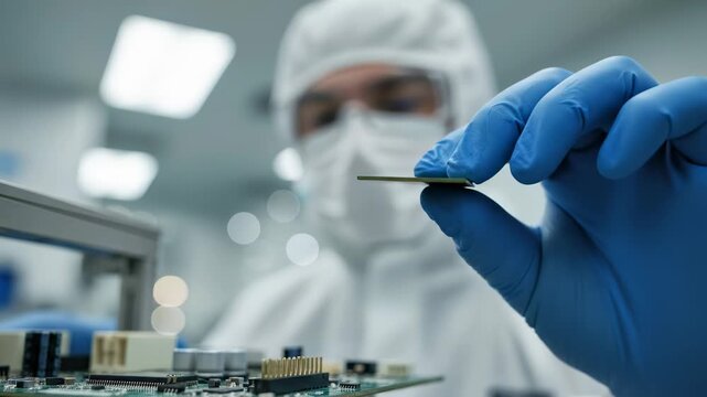 Male scientist in sterile protective clothing and gloves holding a central processing unit and examining a microchip before inserting it into a motherboard inside a cleanroom laboratory
