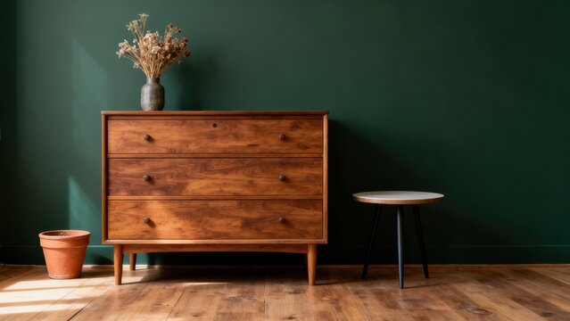 Wooden dresser with vase and stool