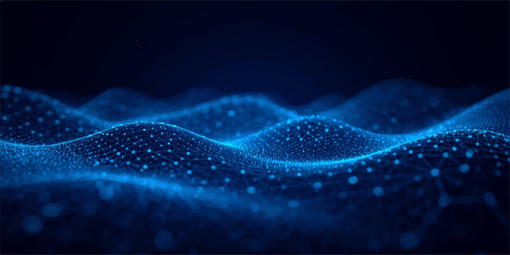 Abstract Blue Technology Wave Background with Glowing Particle Network Mesh, Flowing Digital Connections and Blurred Dot Light Effects for Futuristic Design Concepts.