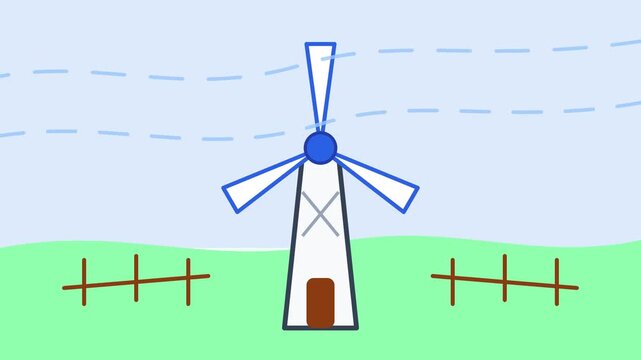 A blue-outlined windmill stands on green grass with brown fences under a light blue sky with rain.