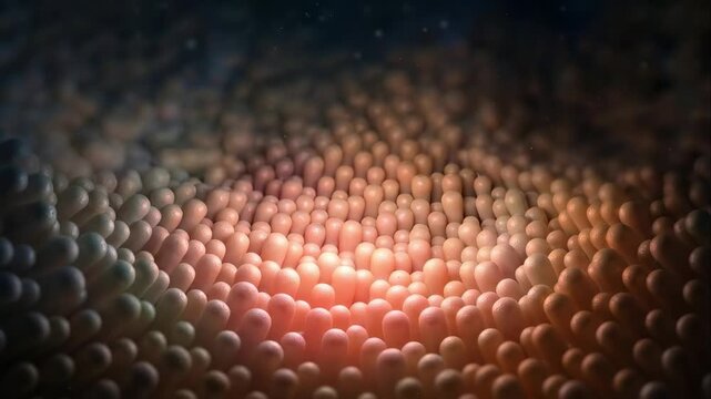 Realistic medical animation showing the microscopic villi of the small intestine waving and pulsating, illustrating the process of nutrient absorption within the digestive system