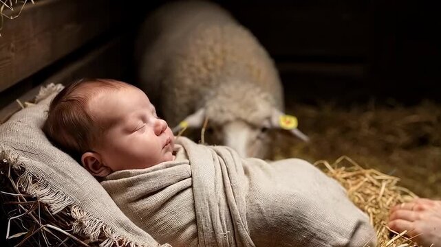 Mary lovingly watching the sleeping newborn baby jesus christ lying in a manger filled with hay, a lamb peacefully observing in the background, representing the humble birth in bethlehem