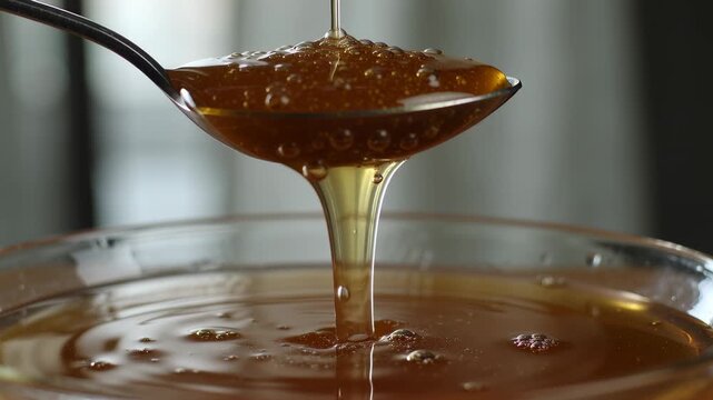 Thick, sweet amber honey slowly pouring from a spoon into a glass bowl, creating delicate ripples and bubbles in a captivating close up view of the natural, viscous, liquid sweetener
