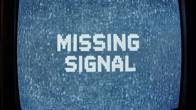 Retro television set from the 80s or 90s displaying a missing signal message with white pixelated font over flickering static noise, representing a connection problem or broadcasting error