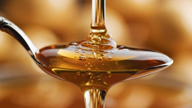 Delicious liquid honey with a perfect golden consistency pouring and dripping into a silver spoon against a beautifully blurred background, creating an enticing and sweet natural visual