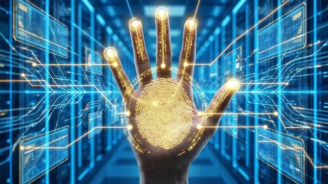 Futuristic biometric scanning of a human hand revealing a digital fingerprint for secure access and personal identification, representing advanced technology inside a high tech data center