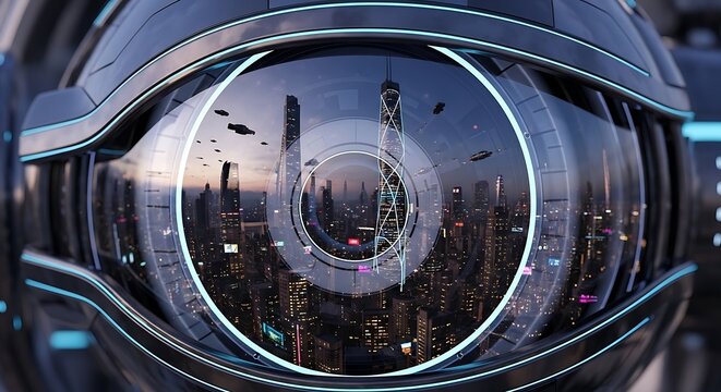 Close-up of futuristic virtual reality headset with cityscape reflection