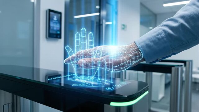 Businessman passing through an automated turnstile in a modern office building lobby by scanning his palm for identification, using advanced biometric technology for secure access control