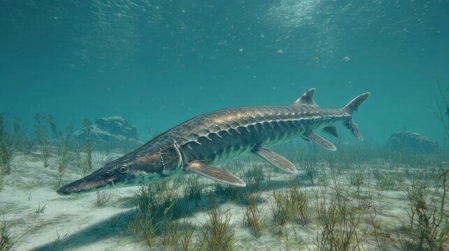 Majestic sturgeon gliding through sunlit blue sea in a calm marine scene