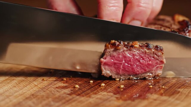 Professional chef's hand skillfully slicing a perfectly cooked medium rare beef steak with a sharp knife on a rustic wooden cutting board, revealing the tender and juicy pink interior