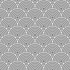 Fish scale wallpaper. Asian traditional ornament with repeated scallops. Repeated black circles and semicircles on white background. Seamless surface pattern design with rings. Vinyl motif. Vector. © funkyplayer